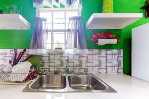 a kitchen counter with a sink and a window at La Rana in San Ignacio