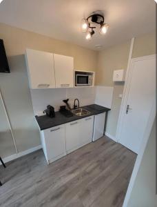 a small kitchen with a sink and a microwave at Studio Havane avec clim in Bourbonne-les-Bains