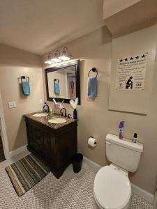 a bathroom with a toilet and a sink and a mirror at Rowan's Mountain View in Powell +39 photos