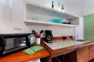a kitchen counter with a microwave and a sink at Rainforest Suite at Casa DV Suites -Gold Standard Certified in Caye Caulker +15 photos