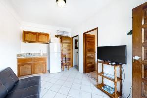 a living room with a couch and a flat screen tv at Affordable Suite with WiFi Partial AC Shared Rooftop Deck Pool and Grill in Caye Caulker