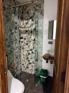 a bathroom with a shower with a toilet and a sink at Hotel Barajas in Jardin +32 photos