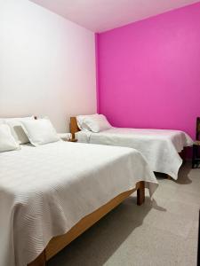 two beds in a room with a pink wall at Hotel Barajas in Jardin
