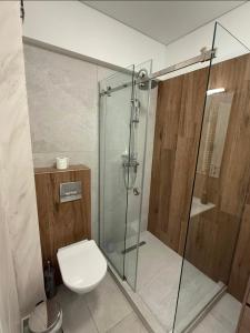 a bathroom with a toilet and a glass shower at Ștefan Seafront Residence in Năvodari +10 photos