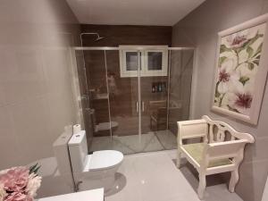a bathroom with a toilet and a glass shower at RM MAISON by Rui & Mi in Tomar