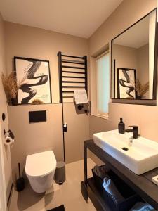 a bathroom with a sink and a toilet and a mirror at Leśna Sonata in Marksoby +24 photos