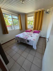 a bedroom with a bed with pink pillows and windows at Tevaatua house in Papara