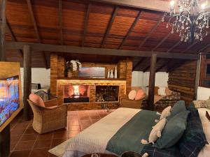 a bedroom with a bed and a fireplace at Casa Holanda - luxury guesthouse in Teresópolis