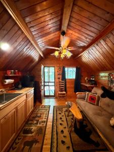 a living room with a couch and a ceiling fan at Big Bear Log cabin in Cosby
