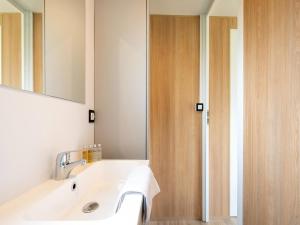 a bathroom with a sink and a mirror and a shower at Comfortable caravan in a green setting in Vierhuizen +45 photos