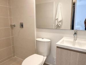ein Badezimmer mit Toilette, Waschbecken und Spiegel in der Unterkunft Apartamento nuevo en Cartagena, Serena del Mar - INAWA in Cartagena de Indias