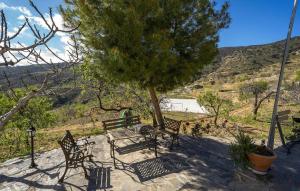 two park benches sitting under a tree with a view at Jaraiz in Laroya