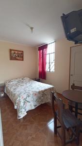 a bedroom with a bed and a table and a tv at La casa de Manuel in Lunahuaná