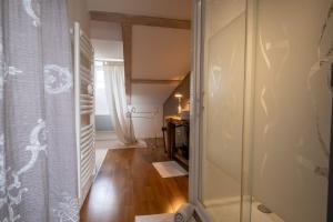 a hallway with a glass shower in a room at Gîte oya in Chaudeyrac +40 photos
