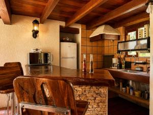 a kitchen with a counter and a refrigerator at Valle Verde Lodge - Bosque in Samaipata