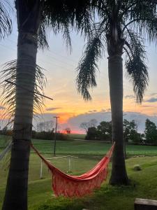 a hammock between two palm trees with a sunset at Pousada Bonetti Quarto 11 in Santa Rosa