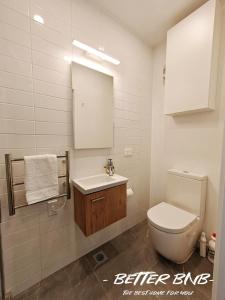 a bathroom with a toilet and a sink and a mirror at The Elegant Corner in Wellington