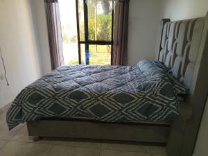 a bed with a blue comforter and a window at Casa Rústica Diaz in Ica