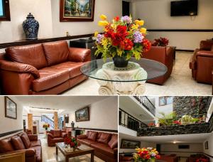 a living room with a couch and a table with flowers at Hotel Avenida in Zacatlán
