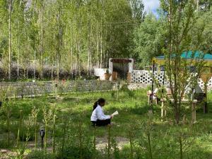 a woman sitting in the grass reading a book at The shore in Hundar