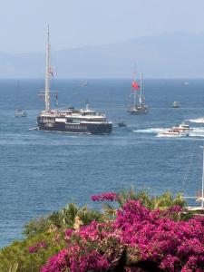 a large ship in the ocean with boats in the water at DORTMEVSİM Hotel in Bodrum City