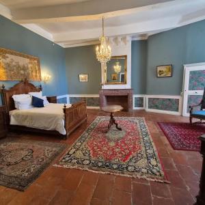 a bedroom with a bed and a fireplace at Château de Trévien in Trévien
