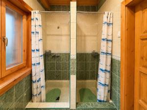 a shower with a glass door in a bathroom at Égéspatak Vendégház in Ghiduţ +32 photos