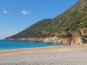 a beach with the ocean and a mountain at Gjipe eco campground 2 in Ilias