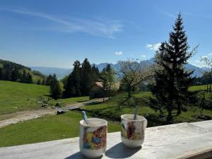 two cups on a table with a view of a field at Bachwagnerhof in Staudach-Egerndach