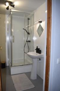 a white bathroom with a shower and a sink at Pokoje gościnne u Kasecki in Murzasichle +48 photos