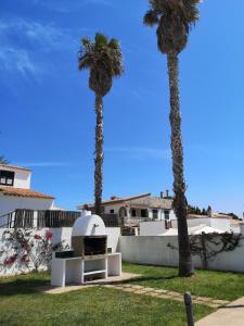 two palm trees in front of a house at Nice apartment with a pool in Fornells