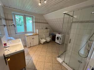 a bathroom with a shower and a sink and a toilet at Lüly in Lütjensee