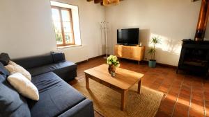 a living room with a couch and a coffee table at Gîte du Noyer in Villexanton