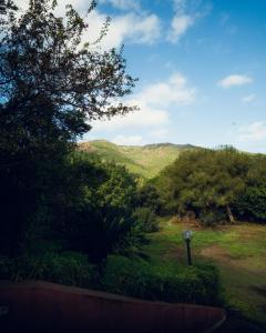 a view of a garden with mountains in the background at Posada di Portixeddu in Portixeddu