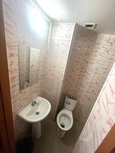 a bathroom with a toilet and a sink at Гостиница Гулдер in Almaty