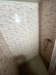a bathroom with a shower with a white wall at Гостиница Гулдер in Almaty