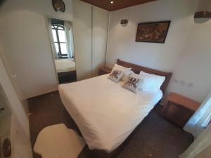 a bedroom with a white bed with two pillows at Czarina Cabin הבקתה הקיסרית והדירה הקיסרית czarina apartment in Caesarea