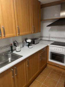 a kitchen with wooden cabinets and a sink at Badaguás in Badaguás