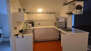 a small kitchen with white cabinets and a counter top at zeer ruim appartement in Zottegem