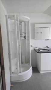 a white bathroom with a shower and a sink at zeer ruim appartement in Zottegem +13 photos