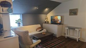 a living room with a couch and a table at zeer ruim appartement in Zottegem