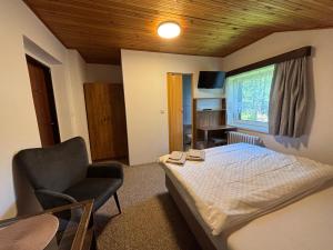 a bedroom with a bed and a chair and a window at Pension Burger in Harrachov