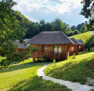 a log cabin with a path in front of it at Glamping Bionic healing village in Slovenska Bistrica