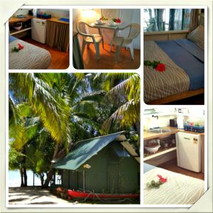 eine Collage mit Bildern von einem Schlafzimmer und einem Zimmer in der Unterkunft Matriki Beach Huts in Arutanga