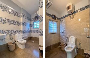 two pictures of a bathroom with two toilets and a sink at The Botanika Suites in New Town