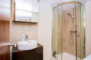 a bathroom with a shower and a sink at Modern 1 bed Flat in Knightsbridge in London