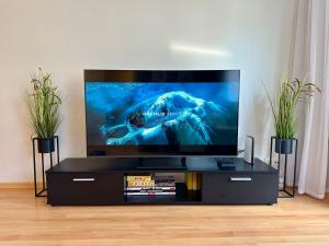 a flat screen tv sitting in a living room at Beach apartment Karusselli 91- balcony & parking in Pärnu