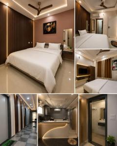 a collage of four pictures of a bedroom at Hotel Pravas Inn in Lucknow