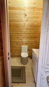 a bathroom with a toilet in a wooden wall at Azamat Guest House in Bokonbayevo
