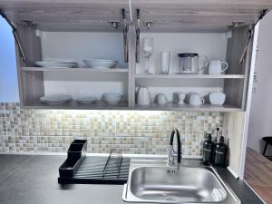 a kitchen with a sink and a shelf with dishes at Apartmán Líšný - U Jizery in Líšný
